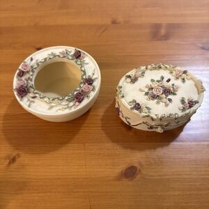 Vtg Dezine Hand Painted Trinket Box and hair Reciver Rose's Lot Of 2